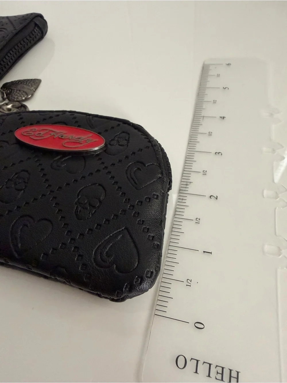 Ed Hardy Black Faux Leather Detachable Wristlet Keychain Pouch Hearts Skulls